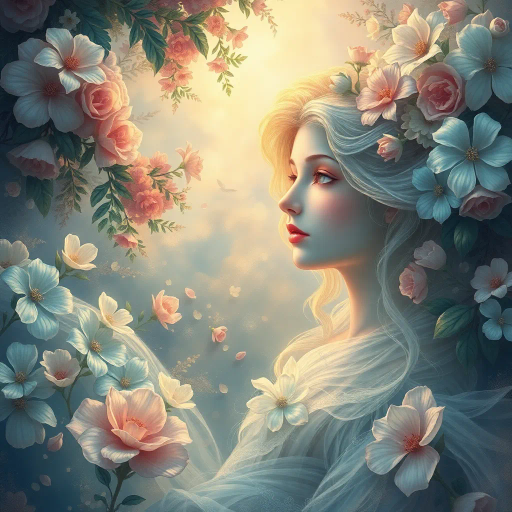 ethereal beauty, enchanting realm, renaissance elegance, vivid luminosity, intricate details, serene ambiance, soft pastel hues, delicate brushwork, captivating gaze, lush flora, timeless allure, Michelangelo inspiration, harmonious balance, emotional depth, dreamy landscape, graceful movement, ethereal textures, romanticism influence, mystical atmosphere