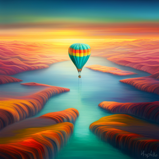 vibrant colors, large scale, dreamlike landscape, whimsical hot air balloon, surreal atmosphere, fantasy elements, imaginative composition, ethereal lighting, fantastical perspective, magical realism, floating sensation, colorful palette, otherworldly adventure