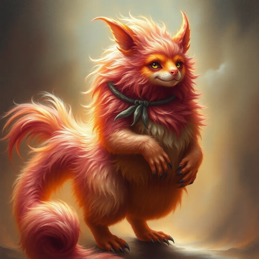 anthropomorphic creature, voluptuous form, vibrant fur, ethereal lighting, Baroque influences, surreal composition, warm hues, detailed textures, oil painting technique, whimsical subject, playful mood, dynamic pose, cultural fantasy elements, large scale, organic forms, soft line quality, fantasy symbolism, dreamlike space, Renaissance era touches, intricate detail, imaginative presentation