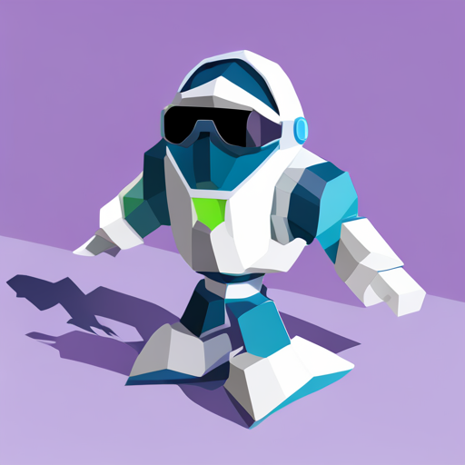 an isometric perspective of a plastic bot with geometric shapes, rendered using the low-poly technique and featuring vibrant colors as an app mascot