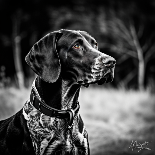 German shorthair pointer, hunting dogs, animal portrait, monochrome, high contrast, dark background, intense gaze, rugged texture, black and white photography, natural lighting, hunting instinct, powerful stance, majestic posture, pedigree breeds, outdoor photography, dog training