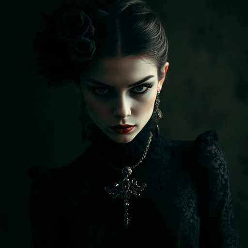 elegant goth girl, Tim Burton, modern gothic, chiaroscuro lighting, intricate lace patterns, dark elegance, Victorian influences, ethereal atmosphere, deep shadows, muted color palette, expressive portrait, emotional depth, baroque influences, dramatic contrast, whimsical yet eerie, ornate jewelry, intricate details, haunting beauty, contemporary twist, mysterious allure, poetic melancholy, textured layers, dynamic composition, surreal elements