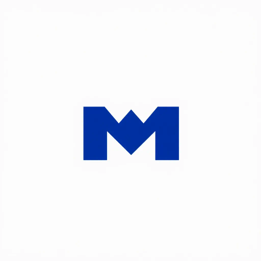 minimalist, bold, letter M, logo design, solid geometric shapes, V-shaped connectors, branching lines, hierarchy symbolism, indigo blue color palette, flat vector style, clean composition, modern SaaS branding, software aesthetics, white background, high-tech elegance, contemporary design, clarity, sleek presentation, geometric precision, corporate identity, monochromatic balance, visual hierarchy
