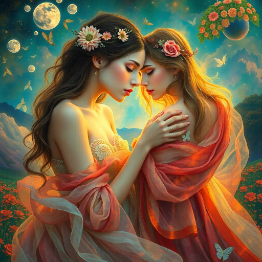 ethereal beauty, youthful elegance, surreal landscape, intricate details, vibrant hues, soft lighting, dreamlike atmosphere, Gustav Klimt, Renaissance influence, mystical aura, flowing garments, delicate features, natural elements, harmonious composition, rich textures, emotional depth, romanticism, dynamic movement, celestial themes, ethereal glow, transcendent aesthetics, luminous colors, mythical elements, poetic expression, timeless elegance, ornate patterns