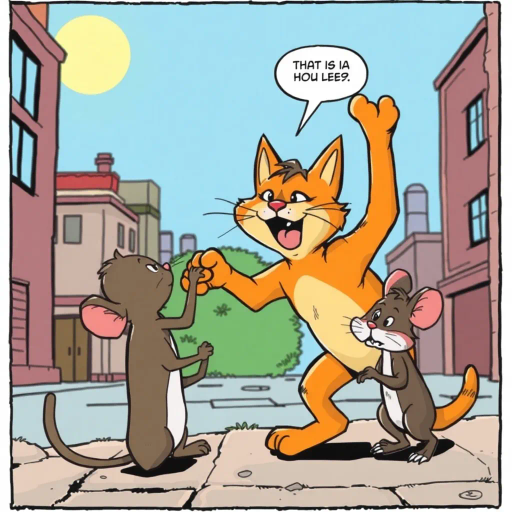 playful interaction, feline protagonist, rodent companion, dynamic storytelling, vibrant colors, exaggerated expressions, detailed line work, whimsical narrative, classic comic strip style, pop art influences, action sequences, anthropomorphic elements, humor, cartoonish aesthetics, Charles Schulz, Bill Watterson, sequential art, graphic novel feel, engaging storyline, contrasting scales, urban setting, imaginative scenarios, childhood nostalgia, visual humor, character development