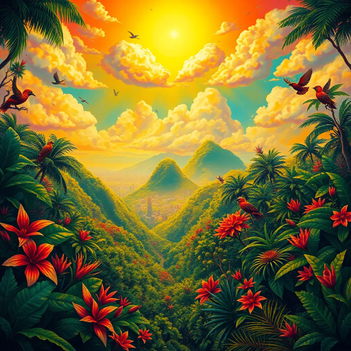 vivid rainforests, carnival atmosphere, vibrant colors, intricate details, lush foliage, rich cultural heritage, magical realism, Brazilian landscape, surreal clouds, tropical wildlife, Henri Rousseau, rhythmic movement, radiant sunlight, festive mood, intricate patterns, exotic birds, mythical elements, celebratory spirit, tropical flora, samba rhythm, enchanting scenery, sprawling cityscapes, Rio Carnival, modernist architecture, Tarsila do Amaral, cultural fusion, Botero-inspired figures, expressive brushstrokes, Amazon River, joyous atmosphere, Jorge Selarón, Carmen Miranda, exuberant colors, dynamic samba dancers, indigenous art, Afro-Brazilian heritage, urban diversity, Carmen Miranda, surrealism, atmospheric perspective, spirited festivities, mystical atmosphere, fantastical landscapes, warm sunlight