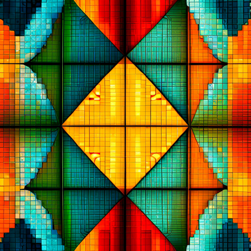 abstract, geometric shapes, color palette, digital medium, mathematical precision, vibrant, dynamic composition, futuristic, technology-inspired, visual rhythm, symmetrical, juxtaposition, minimalistic, high contrast, pattern, data visualization