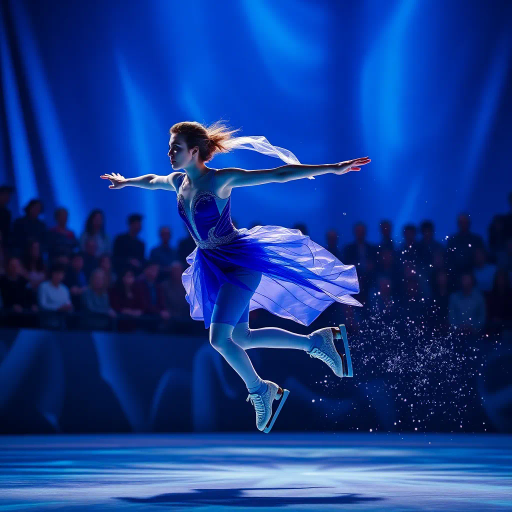 olympic figure skating contestant, dynamic movement, ethereal grace, blue contest suit, luminous blue background, expressive spectators, vivid colors, high contrast, fluid motion, contemporary elegance, cinematic lighting, detailed textures, harmony and balance, vibrant energy, artistic choreography, impressionist influences, audience engagement, atmospheric depth, radiant glow, modern spectacle, visual storytelling, energetic composition, intricate details, emotional resonance