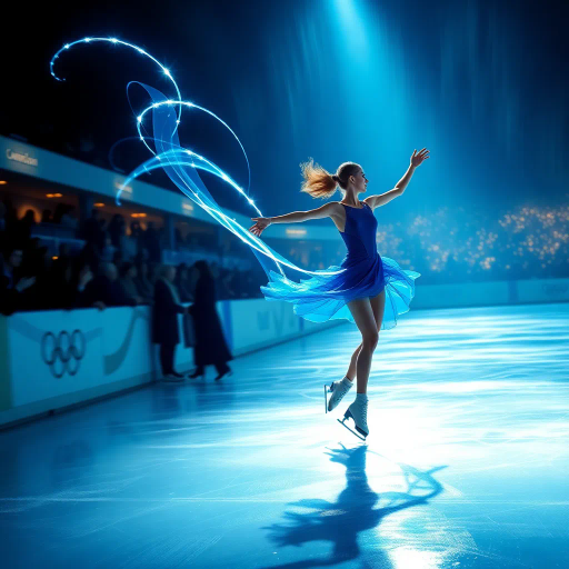 olympic figure skating, ethereal movement, dynamic motion, luminous blue, elegant choreography, azure hues, shimmering lights, impressionist glow, spectators in awe, graceful rotations, fluid lines, kinetic energy, atmospheric lighting, crystalline textures, contemporary art, artistic swirls, capturing momentum, visual rhythm, energetic ambiance, vibrant contrast, sense of balance, dramatic flair, impression of unity, reflective surface, vivid spectacle, artistic interpretation, cultural celebration