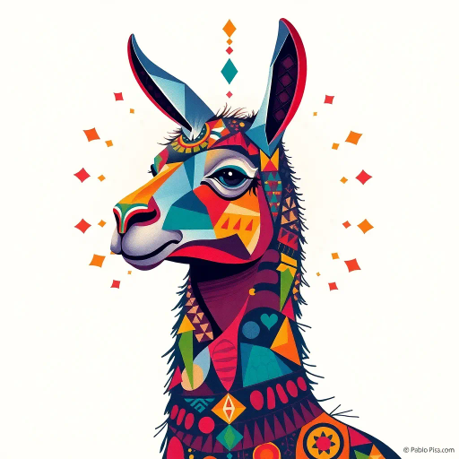 llama, geometric shapes, vibrant colors, intricate patterns, Pablo Picasso influence, cubism, dynamic composition, surreal atmosphere, kaleidoscopic design, abstract interpretation, bold lines, symmetry, visual rhythm, Andean culture, whimsical, modern interpretation, artistic abstraction, movement and flow, vivid contrast, texture variation, high detail, visual harmony