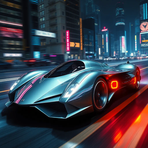 futuristic car design, sleek lines, chrome finish, vibrant neon highlights, dramatic lighting, dynamic movement, aerodynamic shape, retro-futurism, precision engineering, urban environment, concept art, high-tech materials, hyper-realistic detailing, modern aesthetics, speed and agility, metallic textures, ambient atmosphere, avant-garde composition, illuminated cityscape, art deco influences