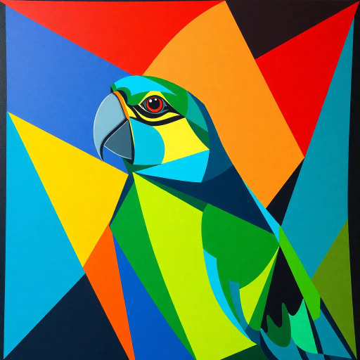 parrot, geometric shapes, vibrant colors, cubism, Pablo Picasso, abstract representation, triangular forms, bold outlines, aviary subject, azure blues, emerald greens, dynamic composition, art deco influences, modern aesthetic, tropical fauna, vibrant lighting, intricate patterns, high contrast, visual rhythm, innovative angles, tropical ambiance
