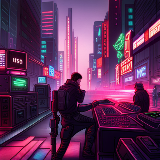 cybernetic implants, post-apocalyptic technology, neon lighting, futuristic weaponry, biomechanical augmentation, cyberpunk rebellion, dystopian society, artificial intelligence uprising, cybernetic soldiers, cyber warzone, dark and gritty aesthetics, neon cityscape, hacker culture