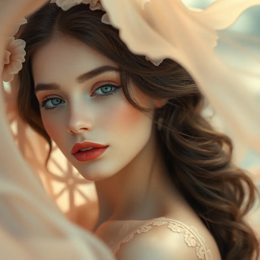 elegant, ethereal beauty, inspired by alfons mucha, art nouveau, soft pastels, delicate curves, intricate details, flowing lines, divine femininity, serene expressions, luminous skin, gentle allure, classic elegance, timeless grace, floral motifs, romanticism, subtle sensuality, ambient glow, sophisticated charm, natural form, organic textures, soft focus, harmonious design, intimate portraiture, visual poetry, artistic refinement