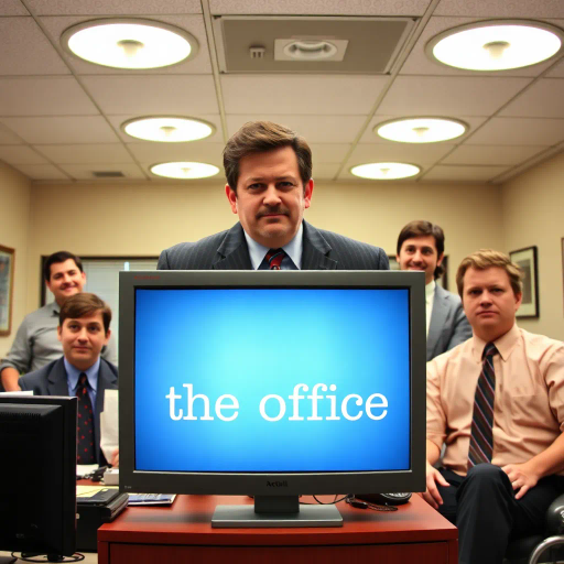 The Office, TV show, satirical humor, vibrant, Steve Carell, ensemble cast, mockumentary style, quirky, everyday life, work environment, subtle irony, character dynamics, Michael Scott, Dunder Mifflin, Scranton, Pennsylvania, documentary filming, 2000s television, comedic timing, deadpan expression, cultural phenomenon, paper company, witty banter, office antics, relatable humor, office supplies, Jim Halpert, Pam Beesly, Dwight Schrute, team dynamics, overhead fluorescent lighting, mundane yet charming, round camera angles, workplace relationships