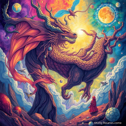 surreal, mythical, wonder, Kirby Rosanes, vibrant colors, flowing lines, ethereal lighting, fantastical creatures, imaginative landscapes, emotional depth, intricate details, dreamlike, celestial themes, bold expressions, dramatic contrast, whimsical forms, harmony, soft textures, dynamic movement, enchanting narratives, magical realms