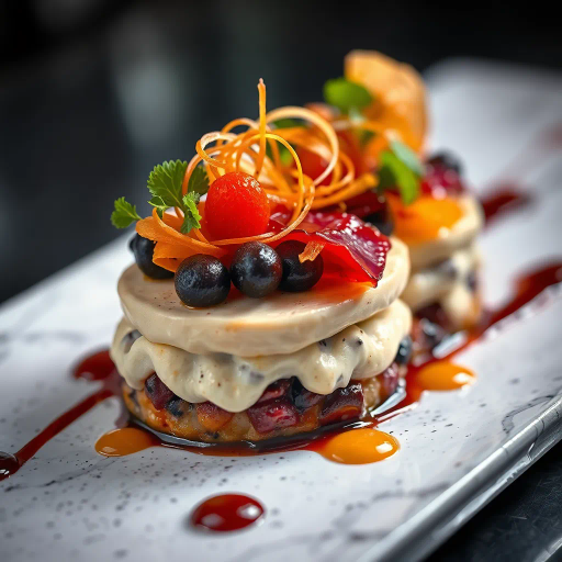 realism, hyper-detailed, gourmet cuisine, exquisite textures, vibrant colors, contemporary food styling, Rembrandt lighting, mouth-watering presentation, gastronomic artistry, culinary mastery, soft focus, appetizing allure, luxurious ingredients, chef's craft, edible elegance, high resolution, intricate details, modern culinary art, visually stunning, decadent plating, natural light, artistic culinary compositions, gourmet delicacies