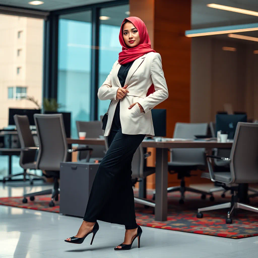 elegant Arab woman, sophisticated hijab, modern workplace, professional attire, high heels, Middle Eastern influence, contemporary art, intricate patterns, vibrant colors, soft lighting, dynamic pose, Impressionism influences, delicate fabrics, confident and empowering presence, cultural expression, diverse representation, cultural fusion, modernism, grace and poise, harmony, balance, cultural narrative, advanced digital techniques, refined textures, bold symbolism, inspired by Gustav Klimt, Art Nouveau elegance, surreal lighting, empowered femininity, rich textures, fluid movement, intricate details, cultural symbolism, confident aura, dynamic composition