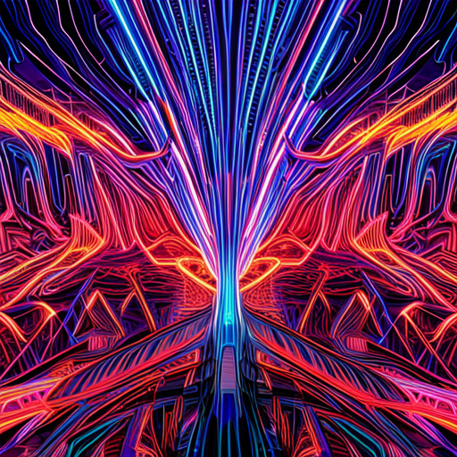 futuristic, artificial intelligence, maximalism, generative art, complex patterns, cyberpunk, machine learning, abstract expressionism, wires and circuits, glitch art, neon colors, data visualization