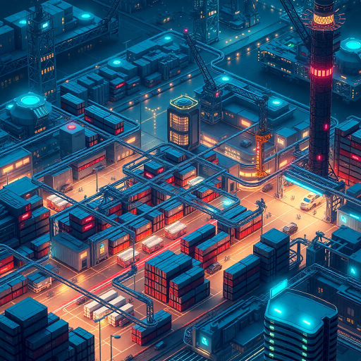 futuristic transportation, logistics network, high-tech infrastructure, Jean-Michel Basquiat influence, cybernetic design, digital era, dynamic movement, vibrant neon colors, intricate detail, complex layering, network nodes, geometric structures, urban sprawl, technological advancement, interconnected routes, bustling energy, efficient systems, abstract composition, data flows, modernity, cyberpunk aesthetic, global connections, expanded scale, intricate textures, digital innovation, strategic planning