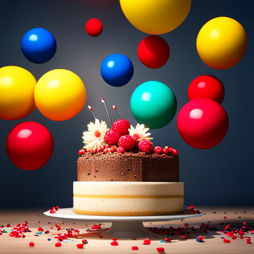 birthday, celebration, party, three-dimensional, sculptural, colorful, playful, interactive, immersive, realistic, joyful, cake, candles, balloons, confetti, gifts, presents, decorations, textures, lighting, composition, vibrant colors, fantasy, surrealism, whimsical, magical