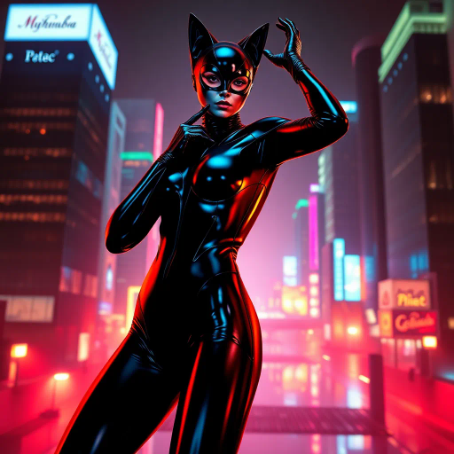 sleek catsuit design, high fashion, futuristic elements, vibrant neon lighting, dynamic pose, bold composition, metallic textures, sci-fi influence, Joan Miró inspiration, night cityscape, cyberpunk aesthetics, mysterious mood, playful elegance, abstract forms, intricate detailing, avant-garde style, fluid movements, bold color contrasts, surreal presentation, depth and layering, unconventional materials, reflections and shadows, elegant silhouette, imaginative realm, Salvador Dali, dreamlike atmosphere, geometric precision, fluid dynamics, visual storytelling, abstract surrealism, enigmatic expressions, ethereal glow, kaleidoscopic patterns, reflective surfaces, overlapping dimensions, contrasting hues, multidimensional perspective, spatial depth, imaginative narrative