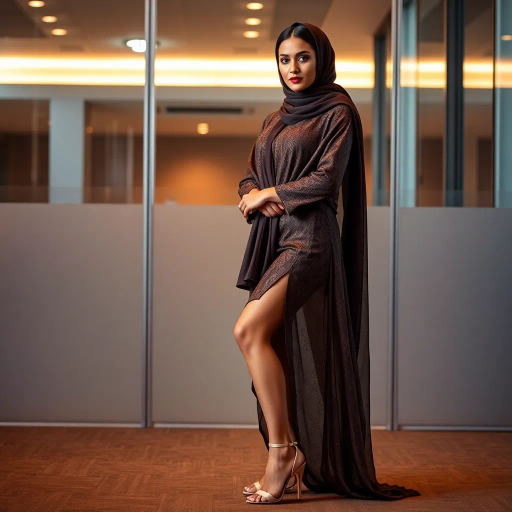 alluring Arab beauty, elegant poise, high heels, Henri Matisse and Yves Saint Laurent inspirations, modern elegance, desert oasis and professional setting, golden hour and chiaroscuro lighting, vibrant warm tones, luxurious textures, intricate and traditional Middle Eastern patterns, exotic allure, cultural richness, flowing lines, sensual movement, feminine power, refined and timeless grace, harmonious romantic ambiance, visual poetry, captivating and seductive composition, ethereal mood, desert mirage, artistic flair, expressive body language, sophisticated minimalism, textural contrast, dynamic perspective, poised demeanor, artistic serenity, contemporary realism, nuanced textures, stylish composition