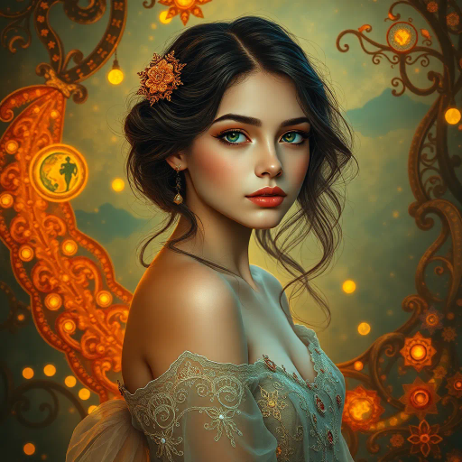 ethereal charm, youthful beauty, elegance, Art Nouveau influences, illuminated by soft golden light, intricate detailing, vibrant color palette, Gustav Klimt inspiration, whimsical atmosphere, flowing silhouettes, renaissance fairytale, delicate textures, ornamental patterns, emotional depth, serene expression, graceful posture, harmonious composition, modern digital brushstrokes