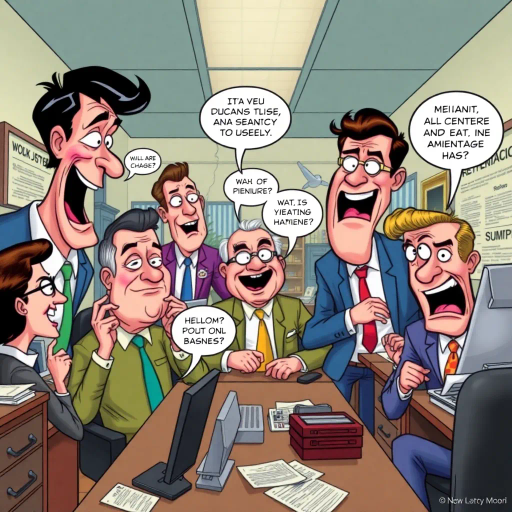 satirical workplace comedy, surreal humor, ensemble cast, bureaucratic chaos, 21st century pop culture, vibrant color palette, exaggerated expressions, dynamic panels, Roy Lichtenstein influences, witty dialogue, mundane office setting, everyday absurdities, overlapping story arcs, exaggerated caricatures, visual puns, contemporary Americana, awkward social interactions, humorous banter, slapstick elements, narrative vignettes, satirical undertones