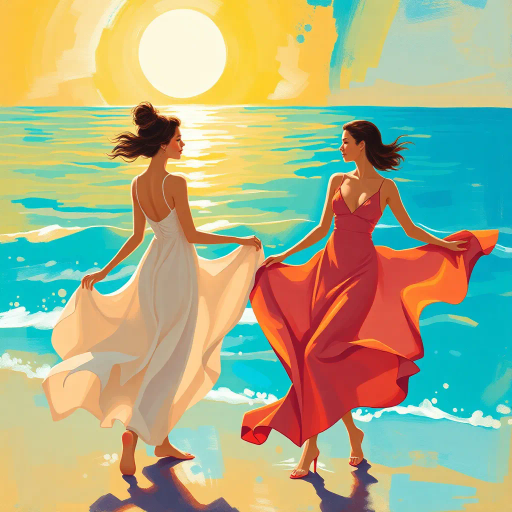 elegant figures, beach scene, vibrant sunlight, azure waters, flowing fabric, Henri Matisse, impressionism, contemporary allure, warm hues, dynamic composition, summer breeze, leisurely grace, chromatic harmony, tranquil ambiance, fluid lines, art deco influences, intimate scale, ethereal light, cultural richness, playful interaction, Mediterranean essence, soft brush strokes