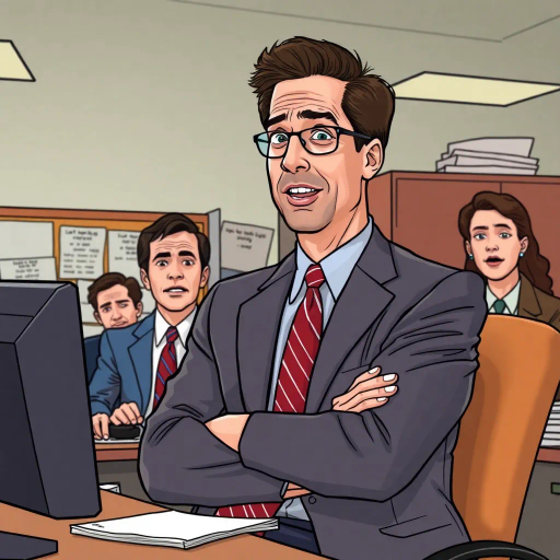 Michael Scott, satirical humor, office antics, mockumentary style, vibrant color palette, exaggerated expressions, dynamic storytelling, panel composition, 2000s sitcom nostalgia, workplace dynamics, comedic timing, cultural phenomenon, Steve Carell, pop culture, dry humor, American television, character-driven plot, satire, mundane chaos, postmodern influence