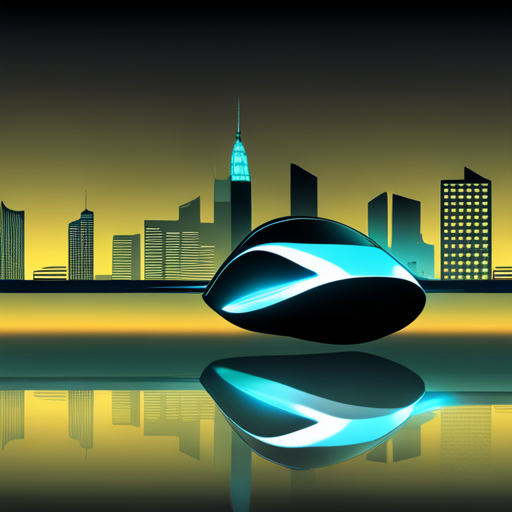 flying car, futuristic, vector, speed, motion, sleek design, high-tech, sci-fi, futuristic city, neon lights, reflection, aerodynamic, metallic finish