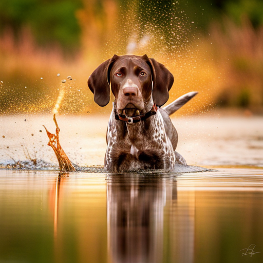 German shorthair pointer, hunting dogs, animal portrait, monochrome, high contrast, intense gaze, rugged texture, natural lighting, powerful stance, majestic posture, pedigree breeds, outdoor photography, dog training, nature, animal behavior, point, prey drive, breeds, wild game, bird hunting, scent, tracking, camouflaged, agility, trained, field trial, energetic, athletic, muscular, intelligence, sporting dogs, gundogs, pointers, hunting equipment, hunting techniques, hunting gear, hunting scenery, stamina, speed, posing, natural reserve, golden hour light, composition, rule of thirds, movement, defocused background, green tones, yellow tones, deep brown coat, fur texture, high level of detail