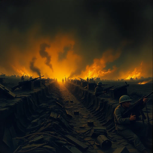 WW1 flamethrower, dramatic lighting, intense shadows, chaos, historical context, realism, vivid colors, explosive movement, soldiers in trenches, smoke and fire effects, battlefield ambiance, tension and fear, Edward Hopper, warzone illustration, somber mood, earth tones, textured brushstrokes, dynamic composition, perspective depth, early 20th century warfare, vintage military equipment, raw emotion, high contrast