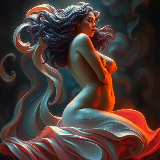 voluptuous form, expansive curves, dynamic energy, bold expressionism, surreal perspective, vibrant color palette, ethereal glow, chiaroscuro lighting, smooth textures, hyper-realistic details, art nouveau influences, delicate line work, intricate compositions, sensual mood, rich contrasts, flowing movement, naturalistic grace, intimate framing, Renaissance echoes, captivating focus