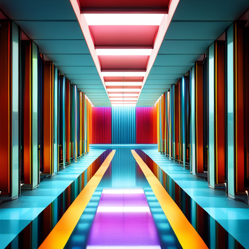 retro-futurism, Wes Anderson, computer hall, neon lighting, geometric shapes, vibrant colors, Art Deco, symmetrical composition