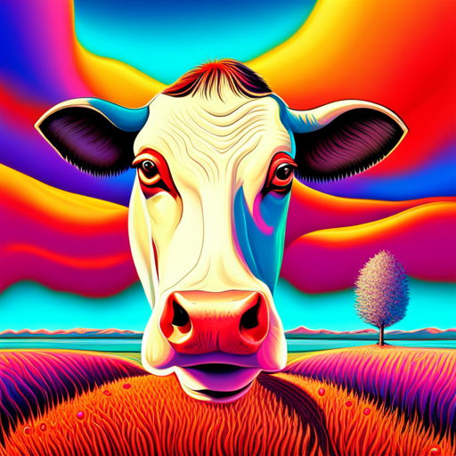 black and white, cow, acid trip, pop art, surrealism, psychedelic art, contrast, ink, dot matrix, 1960s, graphic design, pattern, hallucination, cartoon, bold lines, monochrome, distorted, vibrant colors