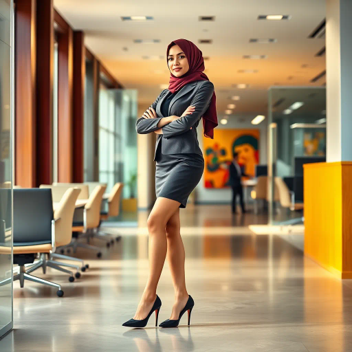 elegant Arab woman, sophisticated hijab, modern workplace, professional attire, high heels, Middle Eastern influence, contemporary art, intricate patterns, vibrant colors, soft lighting, dynamic pose, Impressionism influences, delicate fabrics, confident and empowering presence, cultural expression, diverse representation, cultural fusion, modernism, grace and poise, harmony, balance, cultural narrative, advanced digital techniques, refined textures, bold symbolism, inspired by Gustav Klimt, Art Nouveau elegance, surreal lighting, empowered femininity, rich textures, fluid movement, intricate details, cultural symbolism, confident aura, dynamic composition