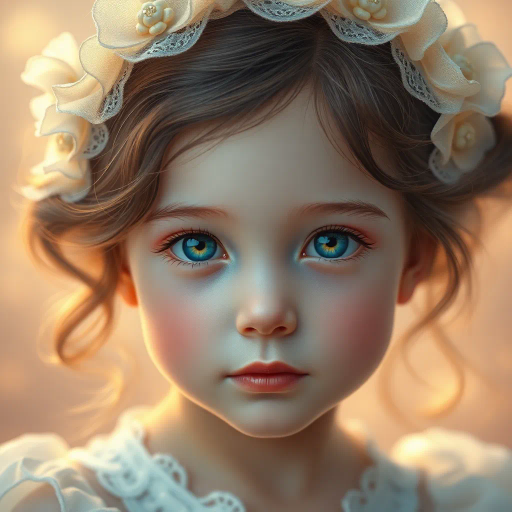 adorable, young girl, hyper-realism, intricate details, soft lighting, gentle expression, vivid colors, smooth textures, portrait composition, warm undertones, ethereal glow, modern digital techniques, whimsical essence, delicate features, serene mood, contemporary influence, close-up perspective, playful elegance, art nouveau, high-definition quality, photorealistic rendering, soft focus