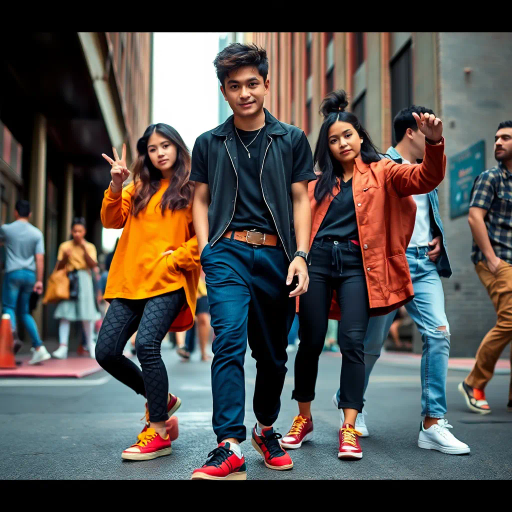 contemporary realism, candid moment, street fashion, expressive postures, vibrant color palette, dynamic composition, natural lighting, casual attire, modern footwear, urban background, emotional authenticity, human form, societal commentary, cultural expression, documentary style, intricate details, diverse textures, youthful energy, confident aura, spatial awareness, social interaction, individuality, playful tones, fashion statement, everyday scene, visual storytelling, nuanced symbolism