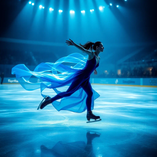 olympic figure skating, ethereal movement, dynamic motion, luminous blue, elegant choreography, azure hues, shimmering lights, impressionist glow, spectators in awe, graceful rotations, fluid lines, kinetic energy, atmospheric lighting, crystalline textures, contemporary art, artistic swirls, capturing momentum, visual rhythm, energetic ambiance, vibrant contrast, sense of balance, dramatic flair, impression of unity, reflective surface, vivid spectacle, artistic interpretation, cultural celebration