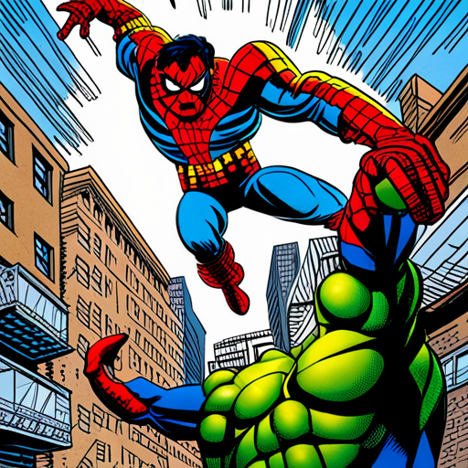 Hulk, Spiderman, superheroes, Marvel, action, dynamic composition, vibrant colors, digital art, comic book style, powerful, intense, energetic, motion lines, iconic characters, larger-than-life, muscular, green, red and blue, epic battles, superhuman strength, web-slinging, iconic poses, superhero team-up