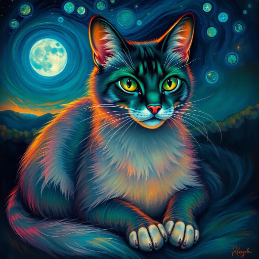 elegant feline form, surrealistic ambiance, inspired by Salvador Dali, Starry Night lighting, Baroque influences, vibrant hues of sapphire and emerald, soft fur texture, dreamlike and whimsical atmosphere, intricate detailing, dynamic pose, Renaissance composition, imaginative and mysterious, twilight setting, impressionist brushwork, ethereal glow, rich tapestry of colors, flowing lines, harmonious balance, artistic narrative, intriguing gaze, artistic depth, fanciful and otherworldly, timeless elegance