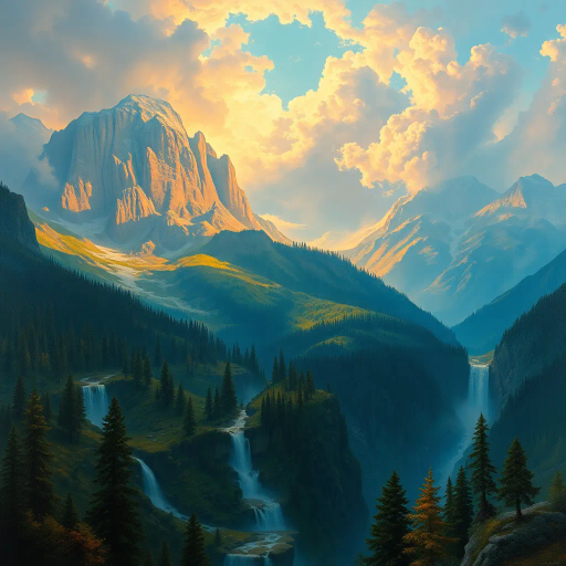 majestic landscapes, surrealism, grandeur, romanticism, towering mountains, lush forests, cascading waterfalls, vibrant colors, ethereal light, dreamlike atmosphere, exploration, wonder, Albert Bierstadt, Thomas Moran, expansive vistas, intricate details, natural beauty, harmony, serenity, environmental inspiration, sweeping panoramas, dawn and dusk, mythical creatures, enchanted wilderness, painterly textures, timeless scenes