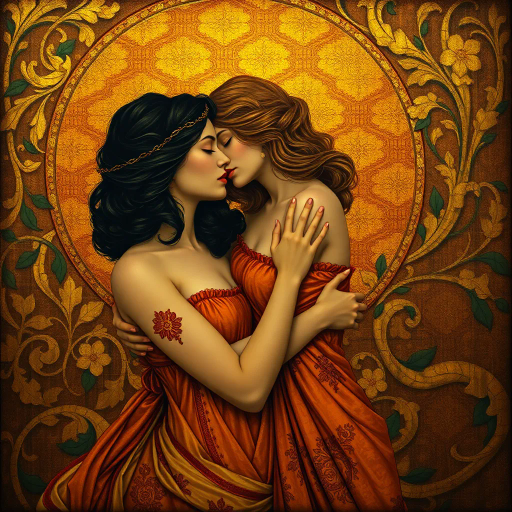 seductive elegance, ethereal allure, vivid passion, romantic symbolism, soft curves, glowing warmth, surreal intimacy, flowing garments, Baroque flair, chiaroscuro, gentle brushstrokes, rich textures, vibrant hues, mythical romance, evocative glance, candlelit setting, ornamental details, luxurious fabric, dreamlike atmosphere, sensual poise, enigmatic aura, fantasy realms, classical influences, timeless beauty, tender expression