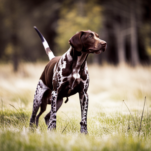 German shorthair pointer, hunting dogs, animal portrait, monochrome, high contrast, dark background, intense gaze, rugged texture, black and white photography, natural lighting, hunting instinct, powerful stance, majestic posture, pedigree breeds, outdoor photography, dog training photographic, nature, outdoor photography, animal behavior, point, prey drive, breeds, hunting, wild game, bird hunting, scent, tracking, camouflaged, agility, trained, field trial, energetic, athletic, muscular, intelligent photographic, sporting dogs, gundogs, pointers, game birds, bird dogs, canine, hunting equipment, camouflage, action shots, hunting techniques, wildlife, hunting season, hunting gear, hunting scenery, stamina, speed, a majestic German shorthair pointer, posing, natural reserve, golden hour light setting, enhancing, deep brown coat, composition, rule of thirds, facing left, impression, movement, background, defocused, atmosphere, green, yellow tones, fur texture, visible, ears, spot markings, high level of detail, capturing essence, breed