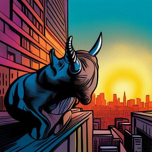 rhino, stealing, bank, action, dynamic composition, vibrant colors, exaggerated perspective