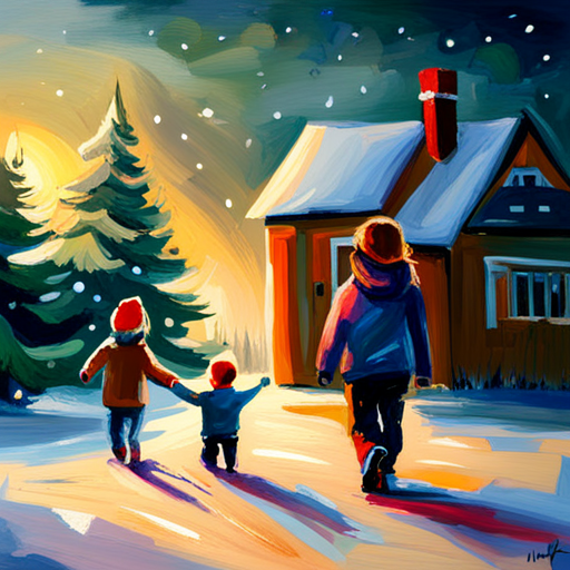 Winter Children, Christmas Tree, Snow, Joyful, Traditional, Classic, Realism, Light and Shadow, Colorful, Soft Brush Strokes, Holiday, Festive, Seasonal, Cold Weather, Celebratory, Nostalgic, Family, Childhood, Magical, Winter Wonderland, Snowflakes, Cozy, Fireplace, Presents, Sleigh, Horses, Winter Clothing, Excitement, Happiness, Innocence, Traditional Art, Wintertime, Festivities, oil-painting