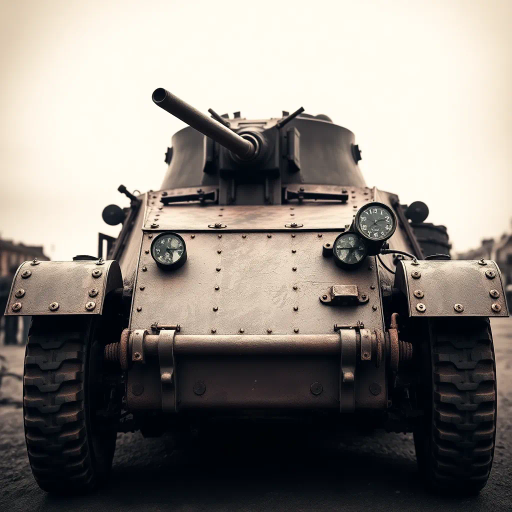 WW1 armoured car, war vehicle, historical accuracy, Jules Cheret, dramatic lighting, sepia tones, intricate metallic textures, early 20th century, battle-worn ambiance, panoramic perspective, nostalgic mood, detailed rivets, military influence, dynamic composition, steampunk elements, vintage design, antique symbolism, mechanical intricacies, rugged terrain, realistic patina, grandeur in scale