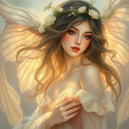 ethereal beauty, enchanting allure, reminiscent of John William Waterhouse, detailed brushstrokes, romanticism, soft and flowing lines, radiant luminosity, gentle pastels, intricate patterns, ethereal elegance, serene expression, opulent fabrics, dreamlike atmosphere, captivating gaze, timeless grace, mythical inspiration, classical elements, harmonious composition, subtle movement, elegance and poise, nature entwined, art nouveau influences